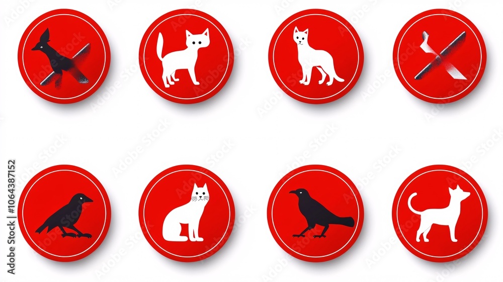 65.A vibrant vector set of multiple red prohibition signs against a white background, each featuring different animals such as dogs, cats, and birds inside red circles with diagonal lines crossing 65.A vibrant vector set of multiple red prohibition signs against a white background, each featuring different animals such as dogs, cats, and birds inside red circles with diagonal lines crossing