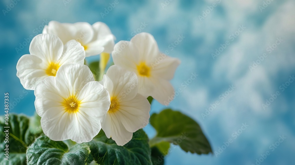 Obraz premium delicate spring forest with white primroses on a soft sky-blue background, close-up macro of floral nature with blurred background and space for text, romantic and gentle artistic atmosphere