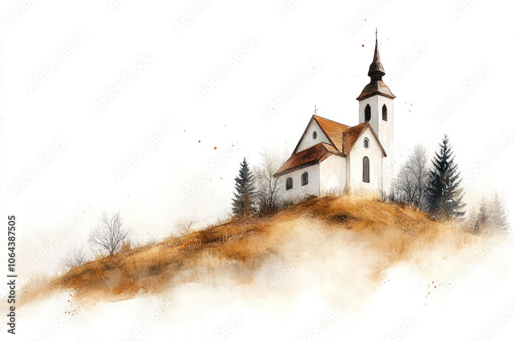 custom made wallpaper toronto digitalBrown watercolor painting of church on hill in countryside