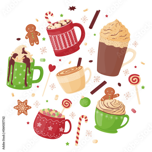 Christmas set of hot drinks. Festive cute mugs with hot cocoa, coffee, chocolate, whipped cream, marshmallows and sweets.