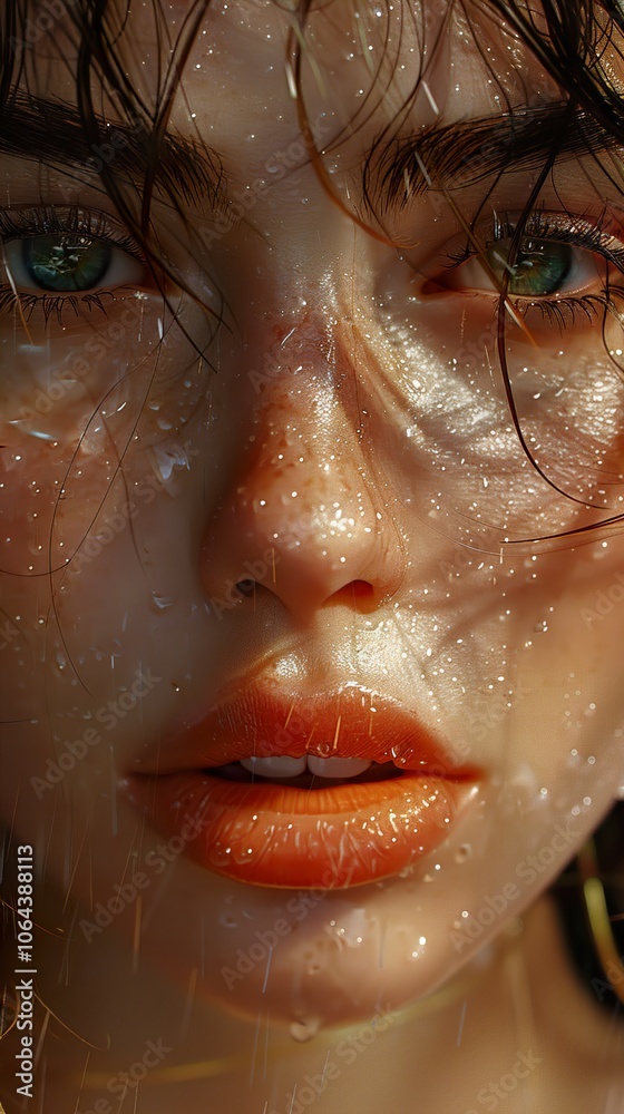 Close Up Portrait of a Woman with Water Drops on Her Face Close Up Portrait of a Woman with Water Drops on Her Face