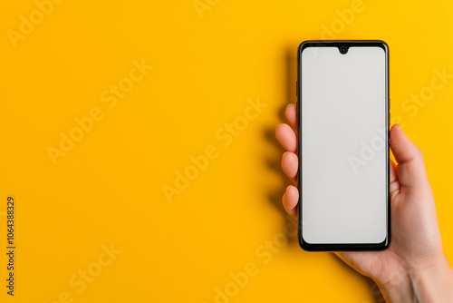 A hand holding a blank black smartphone with an empty screen on a clean background, in the paper cutout effect style, in a minimalistic style with a simple composition. Concept photography