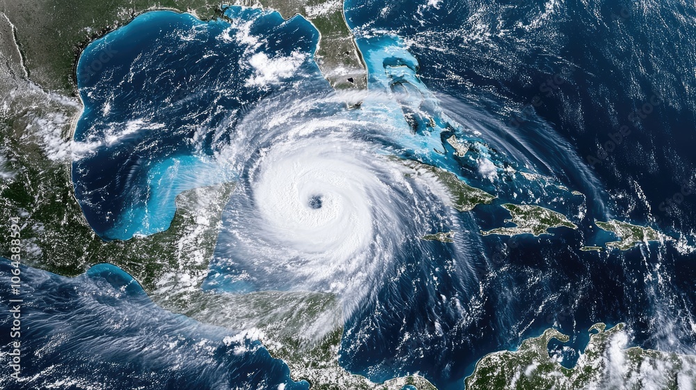 View of a swirling hurricane in the Atlantic Ocean from space . View of a swirling hurricane in the Atlantic Ocean from space .