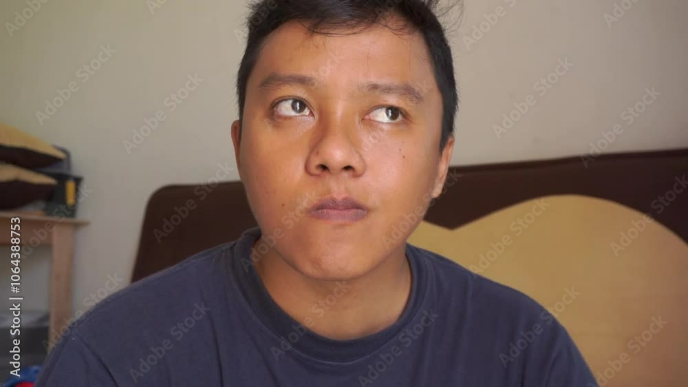 Asian man eating delicious food with spoon and looking to camera. Satisfied man eating porridge at home. Asian man eating delicious food with spoon and looking to camera. Satisfied man eating porridge at home.