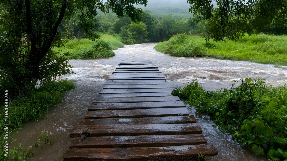 Obraz premium A bridge collapsing under the pressure of floodwaters, with debris piling up and water rising