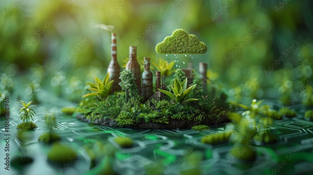 Earth with a green-friendly atmosphere displaying a clean air cloud composed of green leaves and grass, accompanied by a cartoon sketch of an eco-factory. Ideas surrounding ecology in industry. Earth with a green-friendly atmosphere displaying a clean air cloud composed of green leaves and grass, accompanied by a cartoon sketch of an eco-factory. Ideas surrounding ecology in industry.