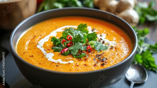 Creamy Carrot Soup with Cilantro, Chili, and Pepper