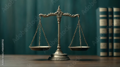 A vintage balance scale positioned on a wooden desk with law books in the background, symbolizing justice and legal proceedings.