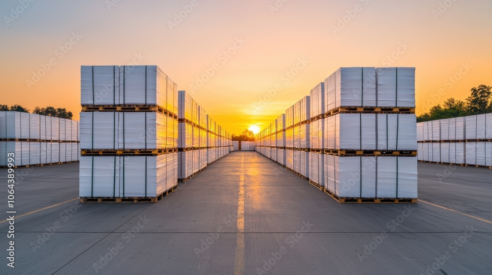 Obraz premium Optimize warehouse operations by effectively managing stackable pallet storage for enhanced efficiency at sunset