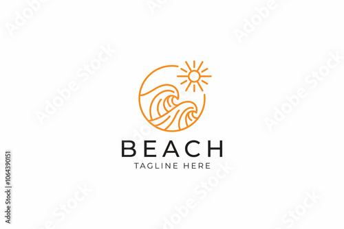 Serene Minimalist Beach Logo Featuring Waves and Sun Elements