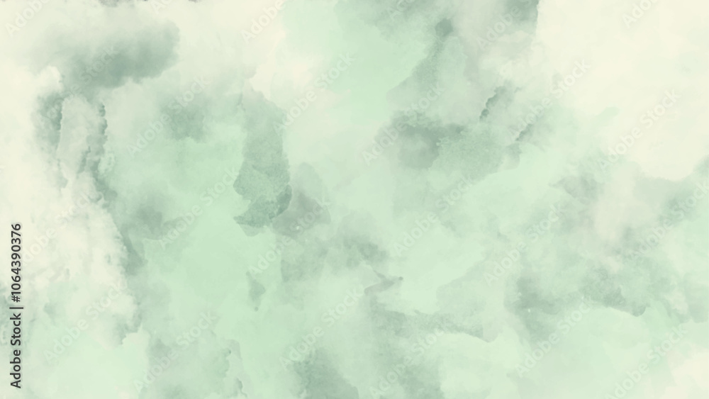 Fototapeta premium Green watercolor background with clouds effect. Watercolor wash background blending shades. Green sky gradient watercolor background with clouds texture.