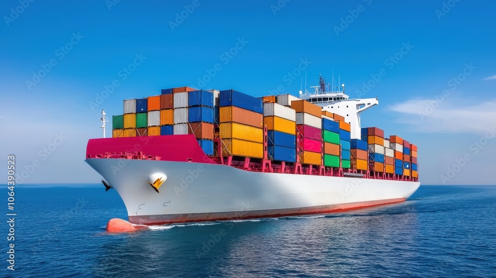 Fototapeta premium Massive container ship navigates calm waters, delivering global trade across oceans