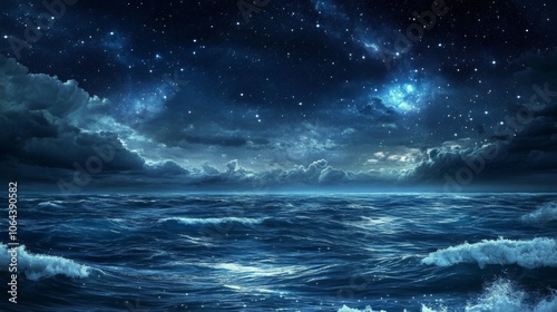 Tranquil ocean scene under celestial stars.