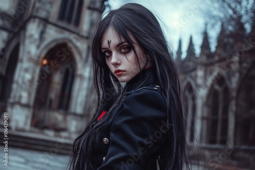 A Stylish Goth Girl in an Academy Uniform: Embracing Urban Fantasy. photo