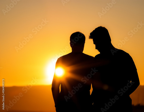 Silhouette of Gay Couple Being Affectionate in Front of Beautiful Sunset photo