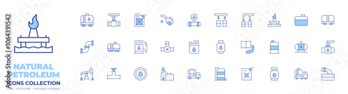 Natural petroleum icons collection. Line Duotone style, editable stroke. factory, fuel, gas tank, oil pump, oil, valve, gas cylinder, cog, oil tank, oil truck, pipe, barrel, tanker truck