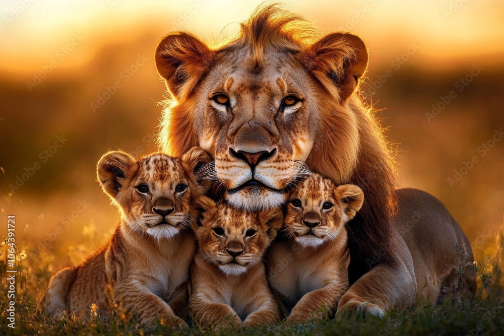 A serene wildlife scene showcasing the bond of a lion family. A serene wildlife scene showcasing the bond of a lion family.