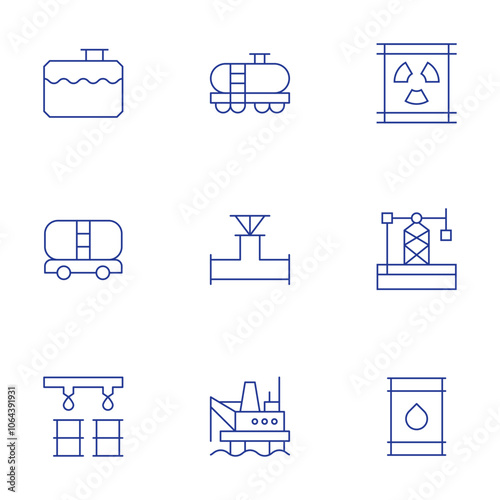 Natural petroleum icons set. Thin Line style, editable stroke. oil barrel, oil derrick, oil platform, tank, tanker truck, valve