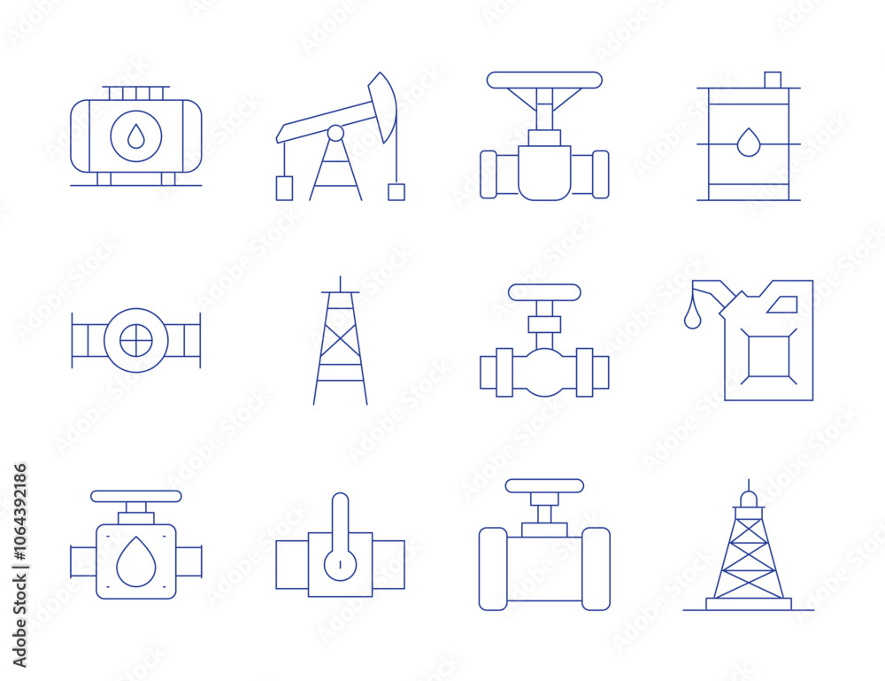 Natural petroleum icons. Thin Line style, editable stroke. oil pump, oil tank, oil tower, oil valve, oil, pipe, pumpjack, valve Natural petroleum icons. Thin Line style, editable stroke. oil pump, oil tank, oil tower, oil valve, oil, pipe, pumpjack, valve