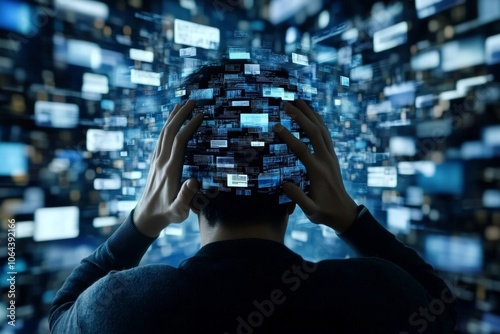 Conceptual digital illustration depicting a person overwhelmed by data overload. photo