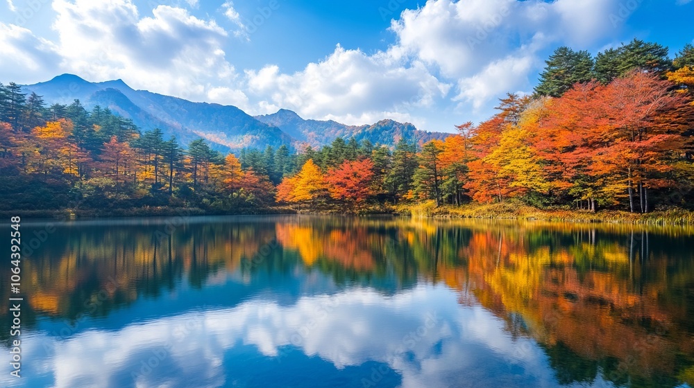Scenic summer view of a mountain lake in japan surrounded by vibrant, colorful trees reflecting in the clear water, capturing the tranquil beauty of nature in full bloom Scenic summer view of a mountain lake in japan surrounded by vibrant, colorful trees reflecting in the clear water, capturing the tranquil beauty of nature in full bloom