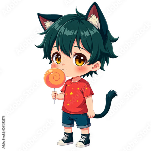 Chibi Cat Boy with Green Hair Holding Lollipop
