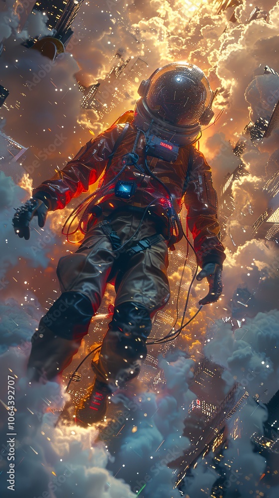 Fototapeta premium Astronaut Descending Through a Futuristic Cityscape - A Journey Through the Cosmos