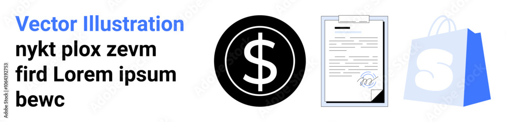 Features a dollar sign, a document with signature, and a shopping bag. Ideal for finance, e-commerce, contracts, digital transactions, online shopping. Landing page Features a dollar sign, a document with signature, and a shopping bag. Ideal for finance, e-commerce, contracts, digital transactions, online shopping. Landing page