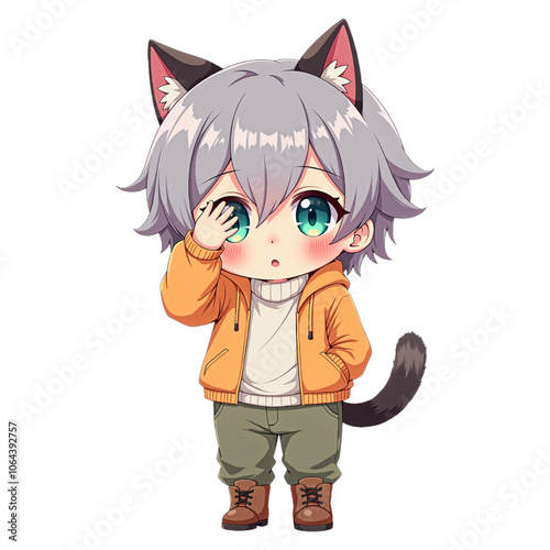 Shy Chibi Cat Boy with Silver Hair and Orange Jacket
