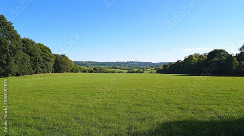 Vibrant green field under a clear blue sky , nature, summer, outdoors, landscape, beauty, environment, rural, meadow, sunny.