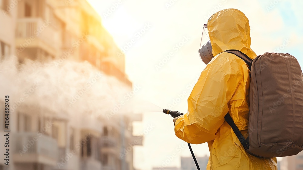 Person in protective gear spraying disinfectant on a building exterior. Person in protective gear spraying disinfectant on a building exterior.