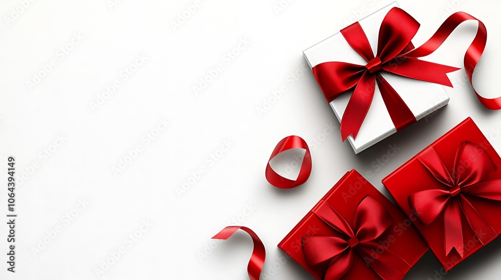 White and Red Gift Boxes with Red Satin Bows and Ribbons White and Red Gift Boxes with Red Satin Bows and Ribbons