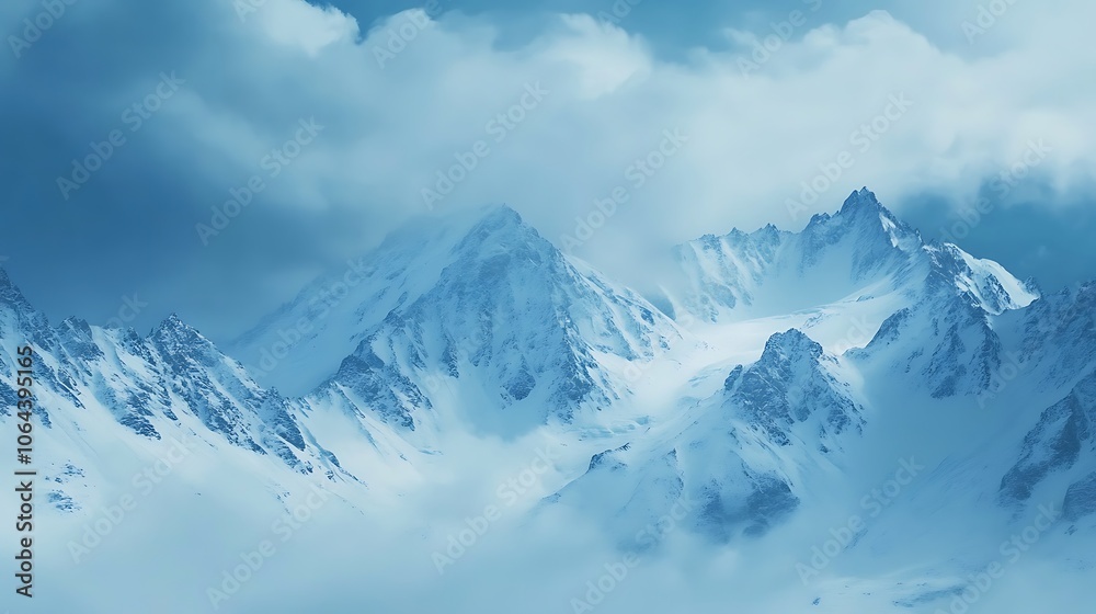 Fototapeta premium Snowy Mountain Peaks Emerge from a Misty Sky