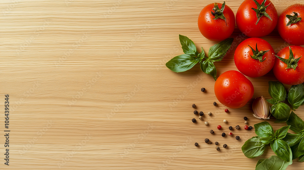 A vibrant assortment of fresh tomatoes, herbs, and spices is beautifully arranged on a rustic wooden surface, showcasing their rich colors and textures in a cooking preparation setting A vibrant assortment of fresh tomatoes, herbs, and spices is beautifully arranged on a rustic wooden surface, showcasing their rich colors and textures in a cooking preparation setting