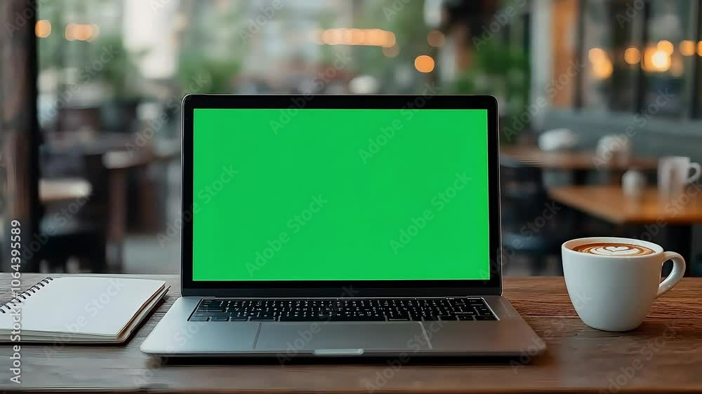 A laptop with a green screen sits on a wooden table next to a notebook and a coffee cup, creating a cozy workspace in a cafe setting.