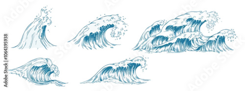 日本風の波のイラストセット　葛飾北斎風