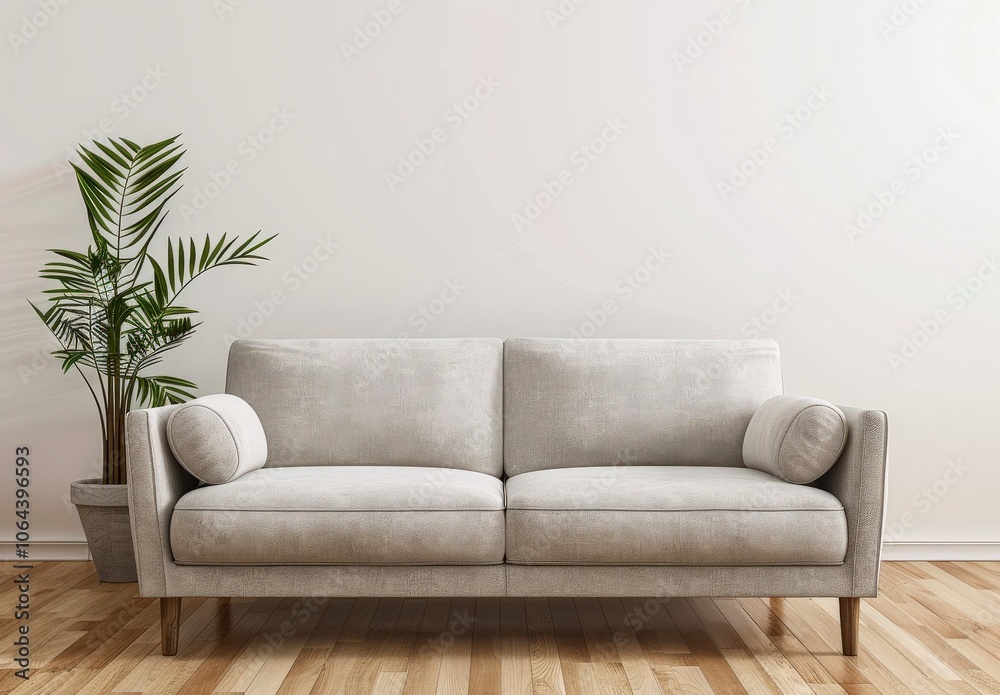 Fototapeta premium A grey sofa with pillows sits in a minimalist living room with a potted plant and floor lamp