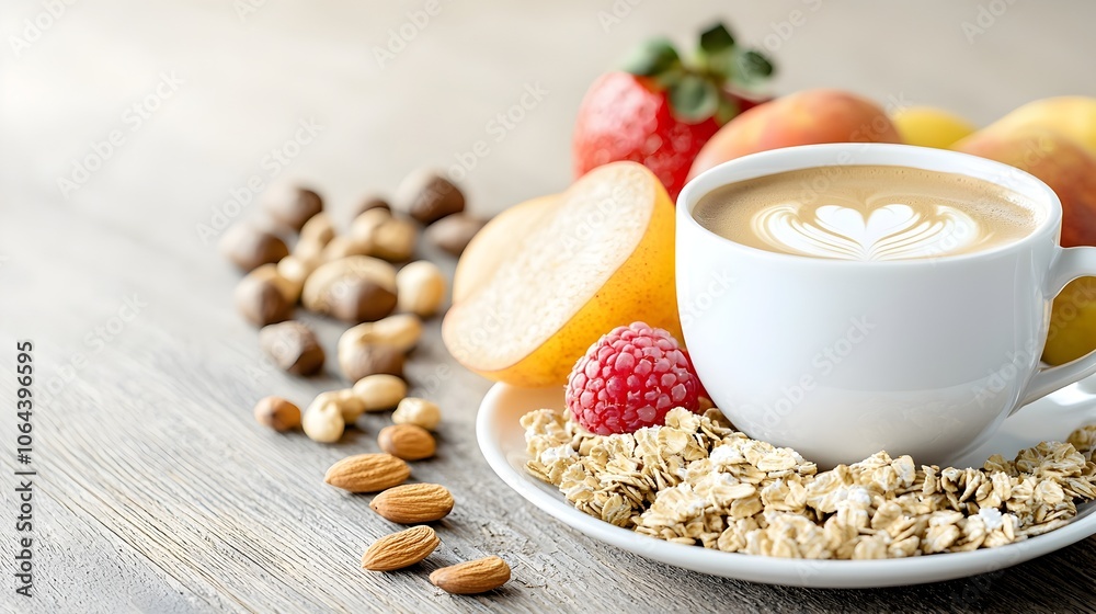 A tranquil and appetizing breakfast scene featuring a bowl of oatmeal topped with an assortment of fresh nuts and fruits accompanied by a steaming cup of coffee all set on a rustic wooden table A tranquil and appetizing breakfast scene featuring a bowl of oatmeal topped with an assortment of fresh nuts and fruits accompanied by a steaming cup of coffee all set on a rustic wooden table