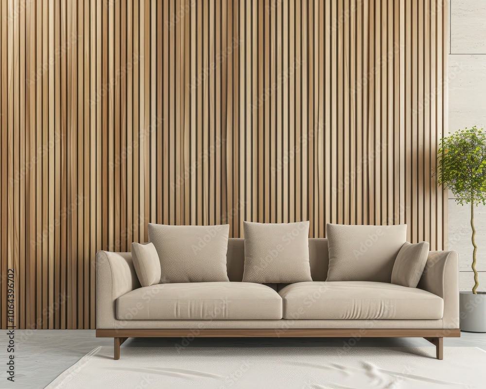A white sofa with wooden frame and cushions sits in front of a wooden wall with white floor and rug. There are three white hanging lamps, a green potted plant, and a woven basket with a plant A white sofa with wooden frame and cushions sits in front of a wooden wall with white floor and rug. There are three white hanging lamps, a green potted plant, and a woven basket with a plant