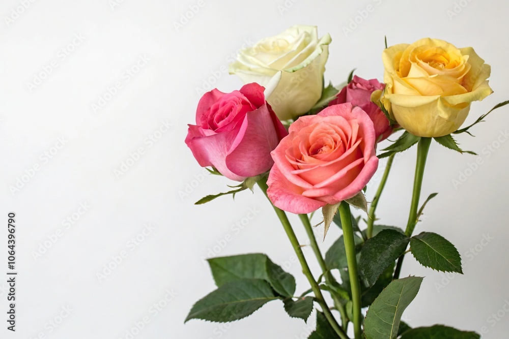 A cluster of rose flowers in different colors on a green stem, bouquet, color A cluster of rose flowers in different colors on a green stem, bouquet, color