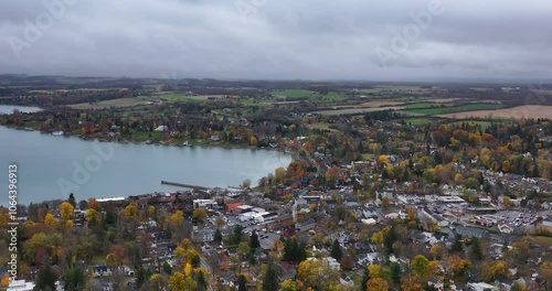 Aerial video of fall foliage surrounding the Town of Skaneateles, Skaneateles Lake, Onondaga County, New York State, November 2024.	
