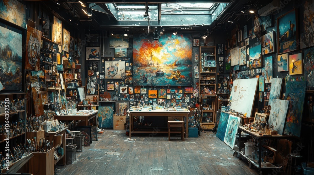 Art studio filled with colorful paintings. Art studio filled with colorful paintings.