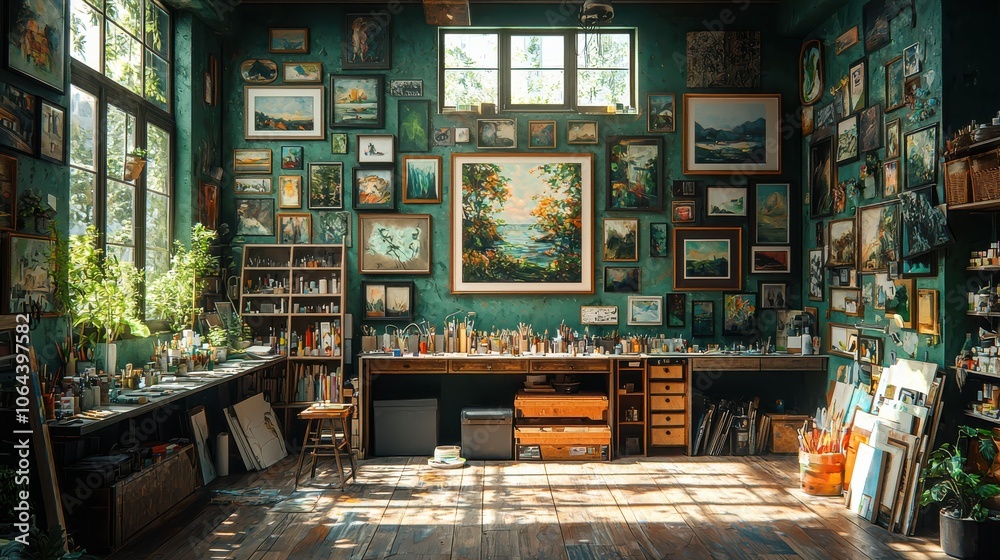 Art studio filled with paintings and supplies Art studio filled with paintings and supplies