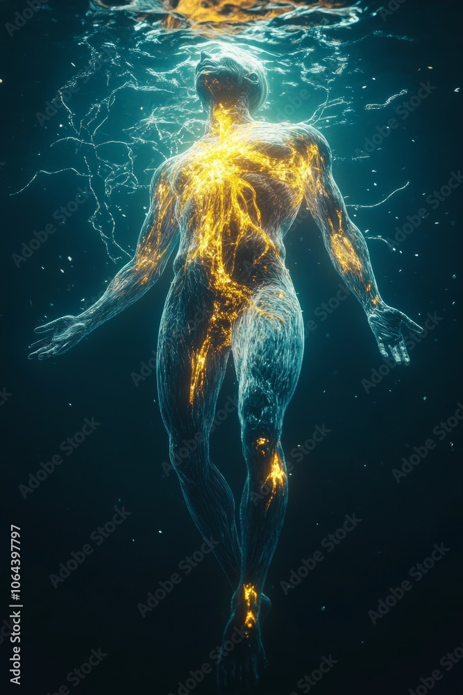 Dreamlike figure submerged in glowing water Dreamlike figure submerged in glowing water