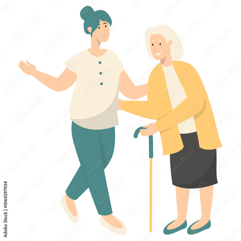 Volunteers Character with Old People. Care and Helping. Flat Vector Illustration. Volunteers Character with Old People. Care and Helping. Flat Vector Illustration.