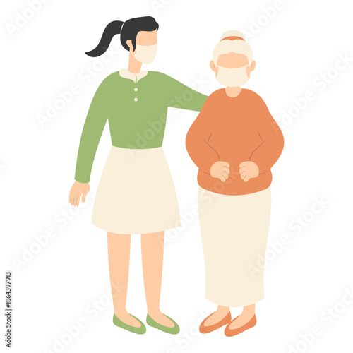 Volunteers Character with Old People. Care and Helping. Flat Vector Illustration.