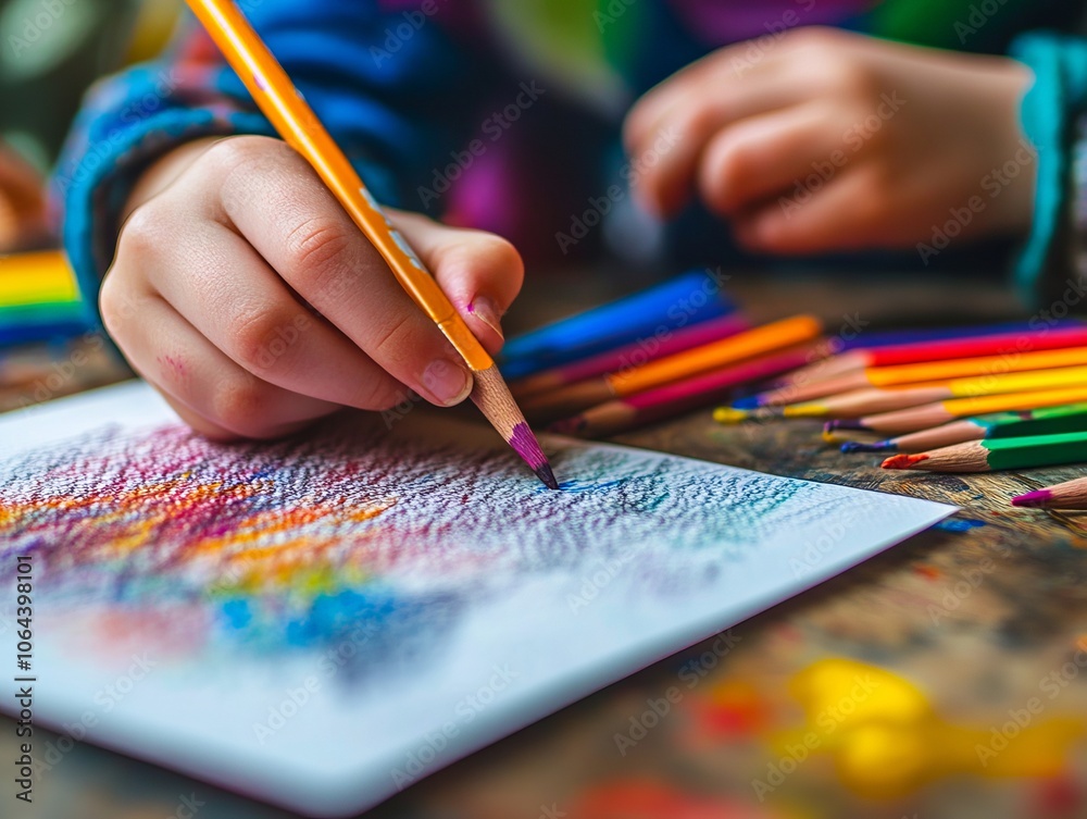 A child is drawing with colored pencils on a piece of paper