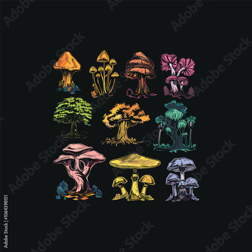 Set of mushroom vintage design vector