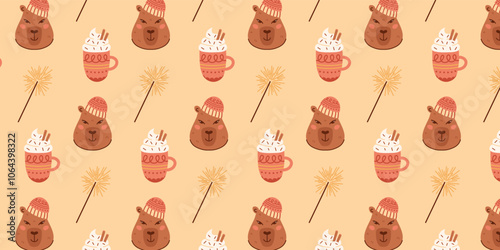 Christmas seamless pattern with capybara in a cute knit hat, sparklers, coffee mug with whipped cream. New Year winter background. Vector pattern for packaging, textiles, scrapbooking.