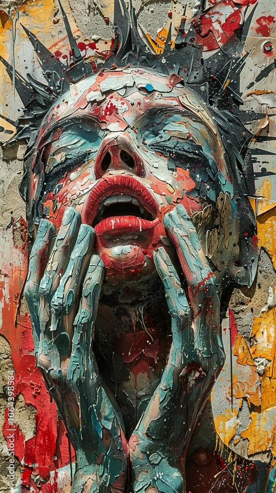 Fototapeta premium Abstract Portrait of a Woman with Layered Paint and Emotional Expression